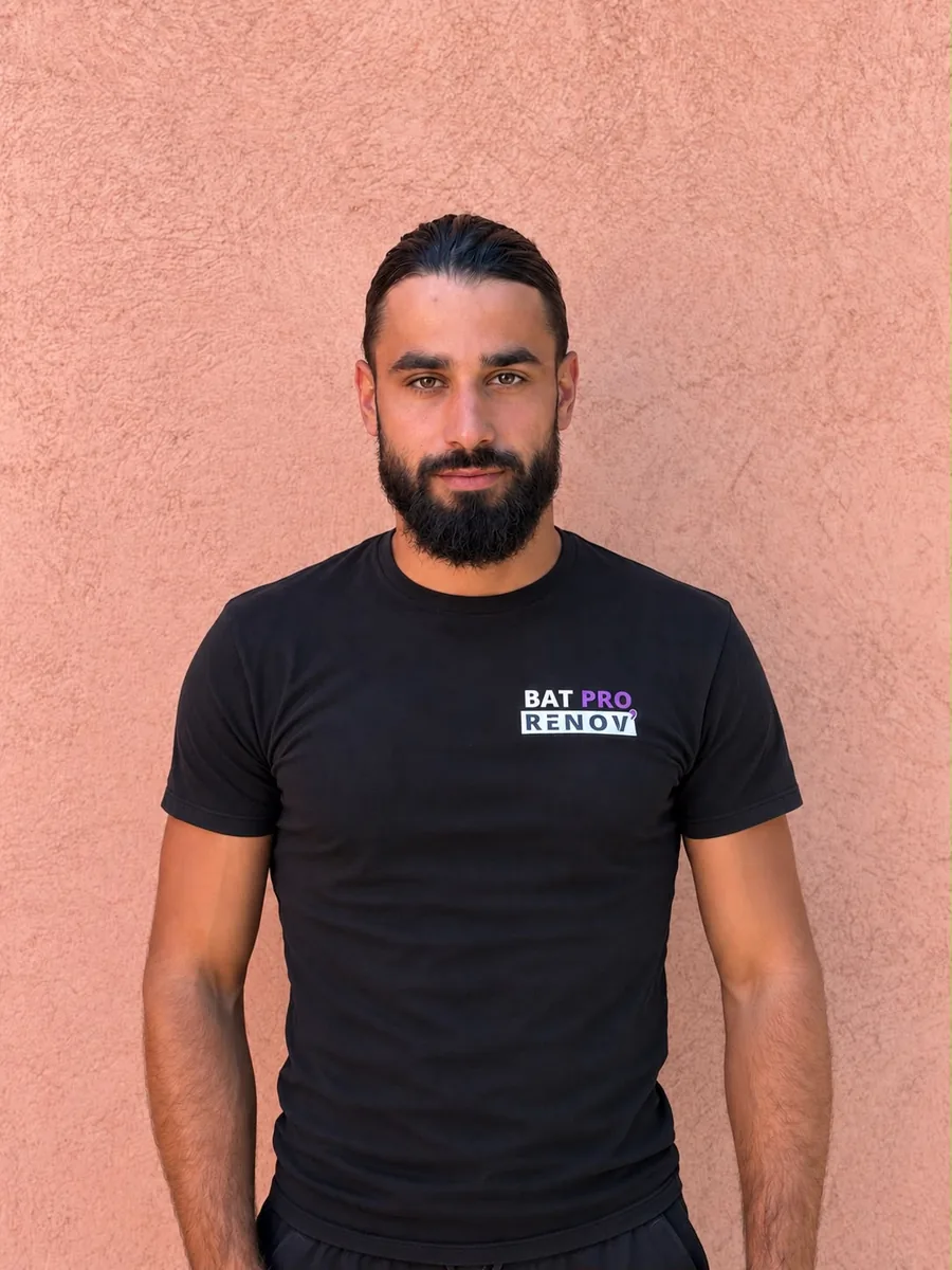 Benjamin Dolci en t-shirt noir floqué Bat Pro Rénov', devant un mur crépi