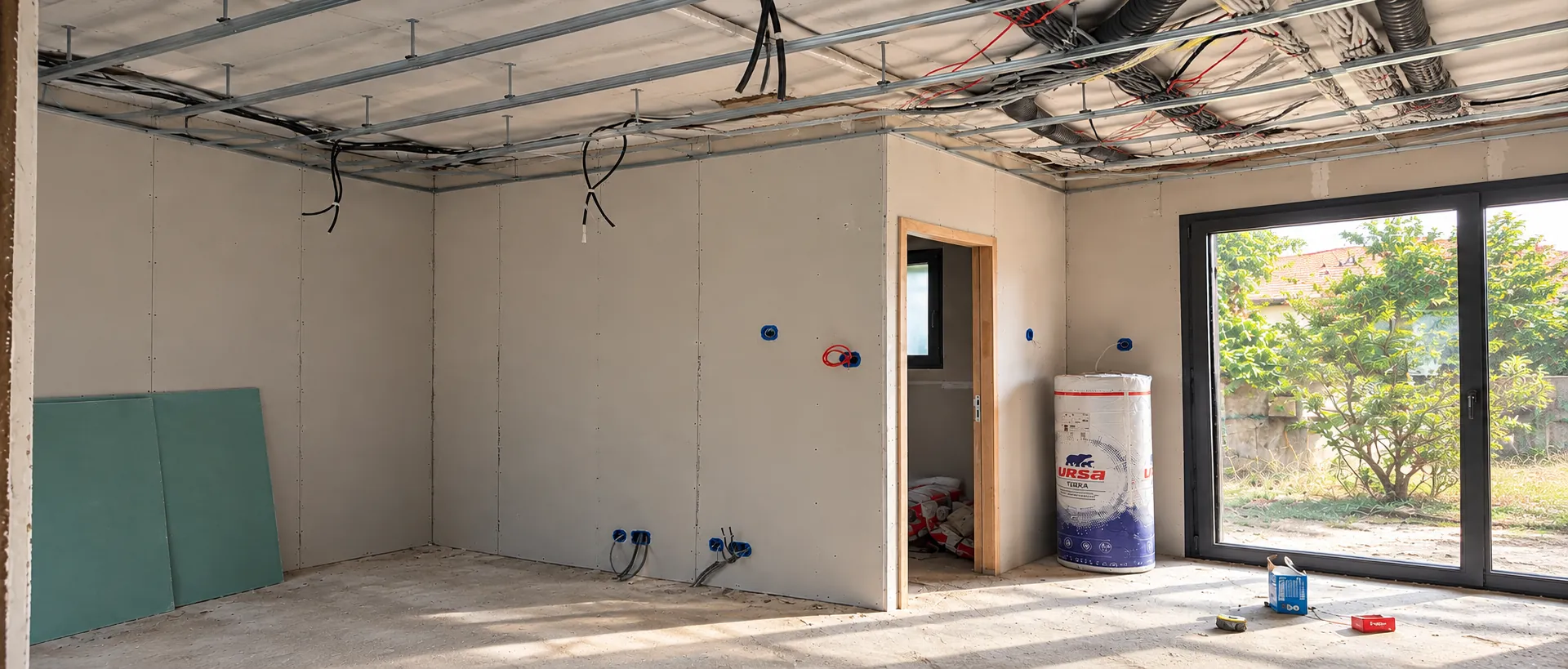 Pièce en cours de chantier, murs en plaques de plâtre posées, ossature de faux plafond apparente avec câblage électrique, baie vitrée à droite
